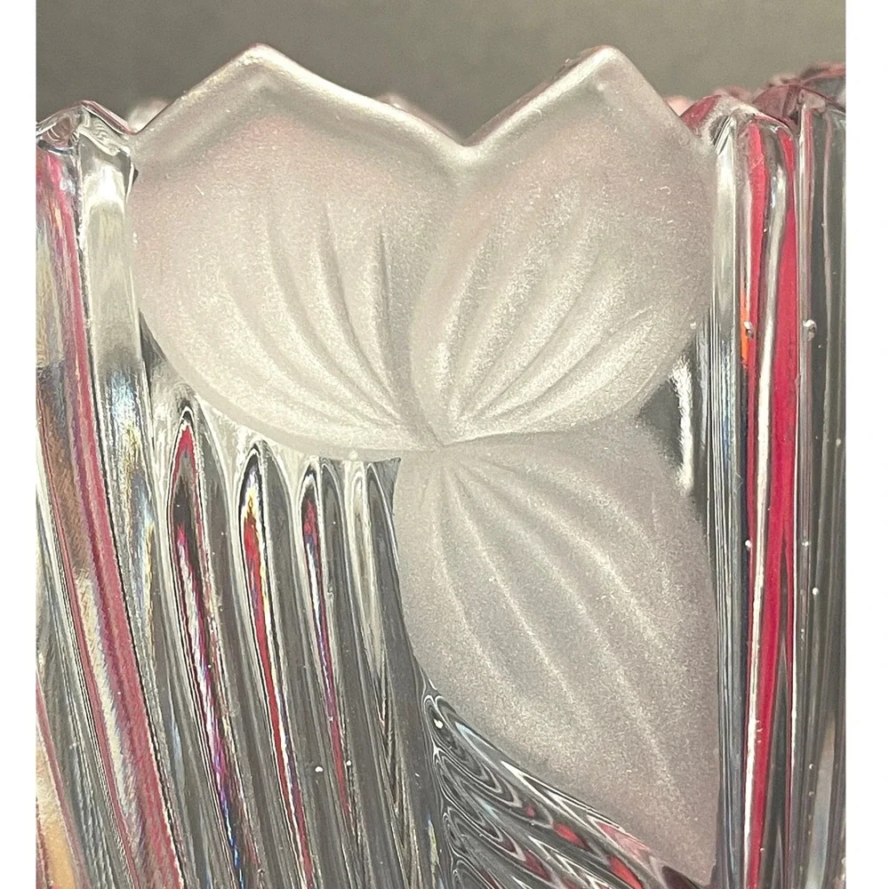 Vintage Anna Hütte Crystal Oval Vase Etched Flower Sawtooth Rim Germany 1980s
